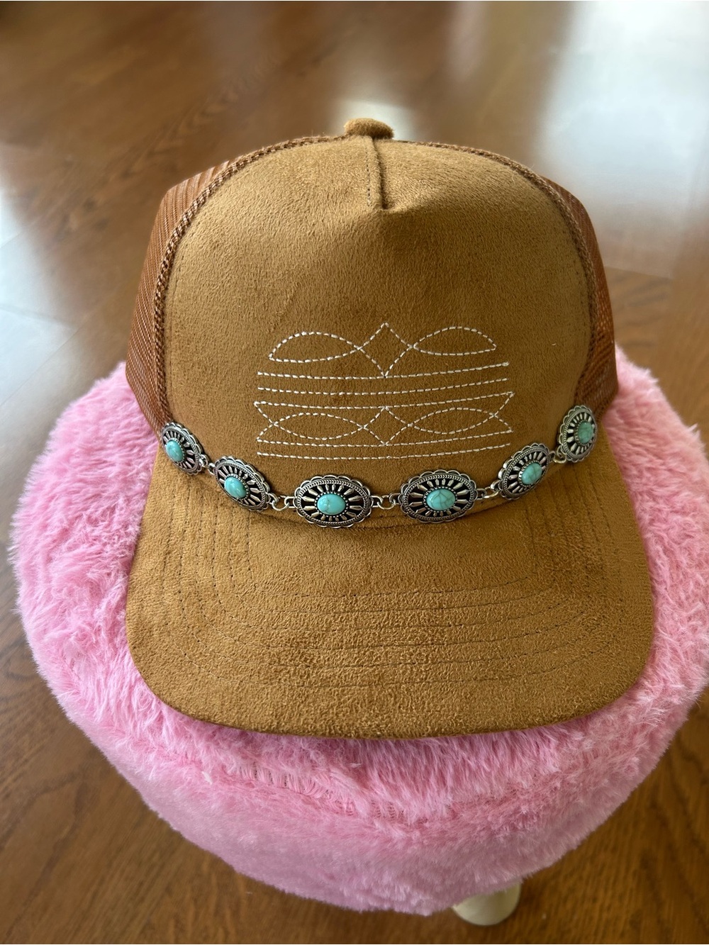 Custom Western Suede Trucker Hat with Turquoise & Silver Conchos